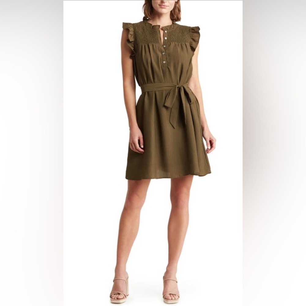 Bobeau, Smocked Yoke Minidress, Olive, Medium